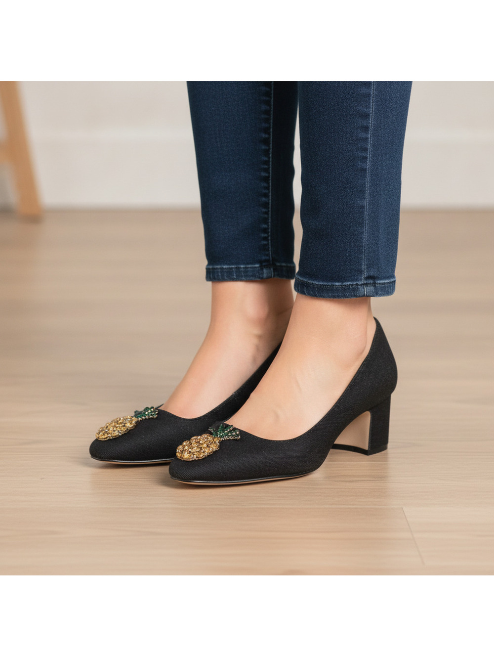 Zara Pineapple Embellished Denim Block Heel Pumps NWT EU 39 (US Women's 8)